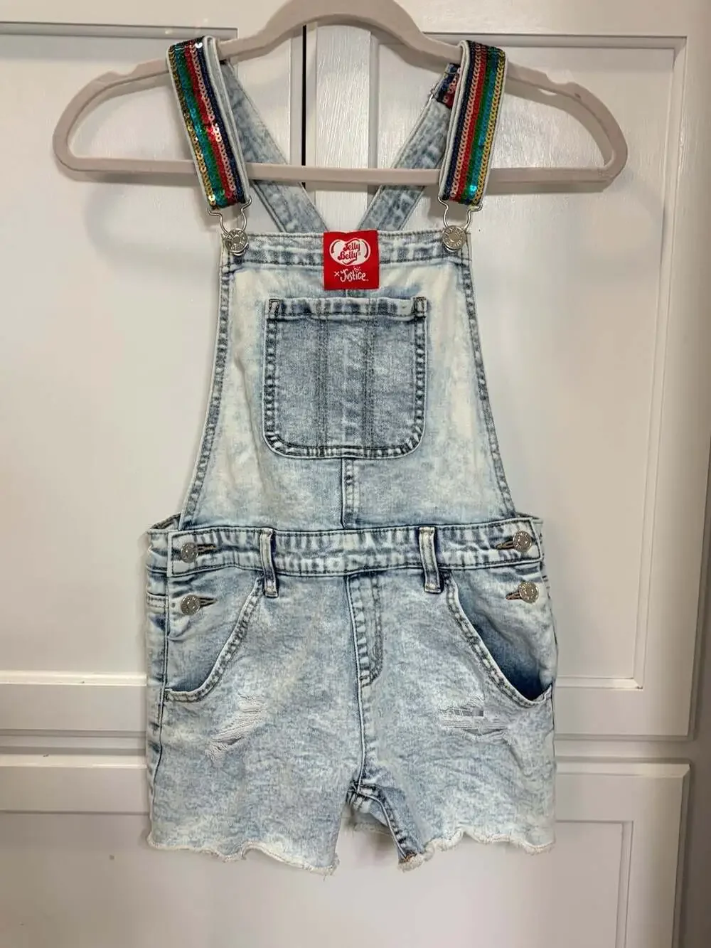 Justice x Jelly Belly Girls Denim Shortalls Rainbow Sequin Straps Size 14
